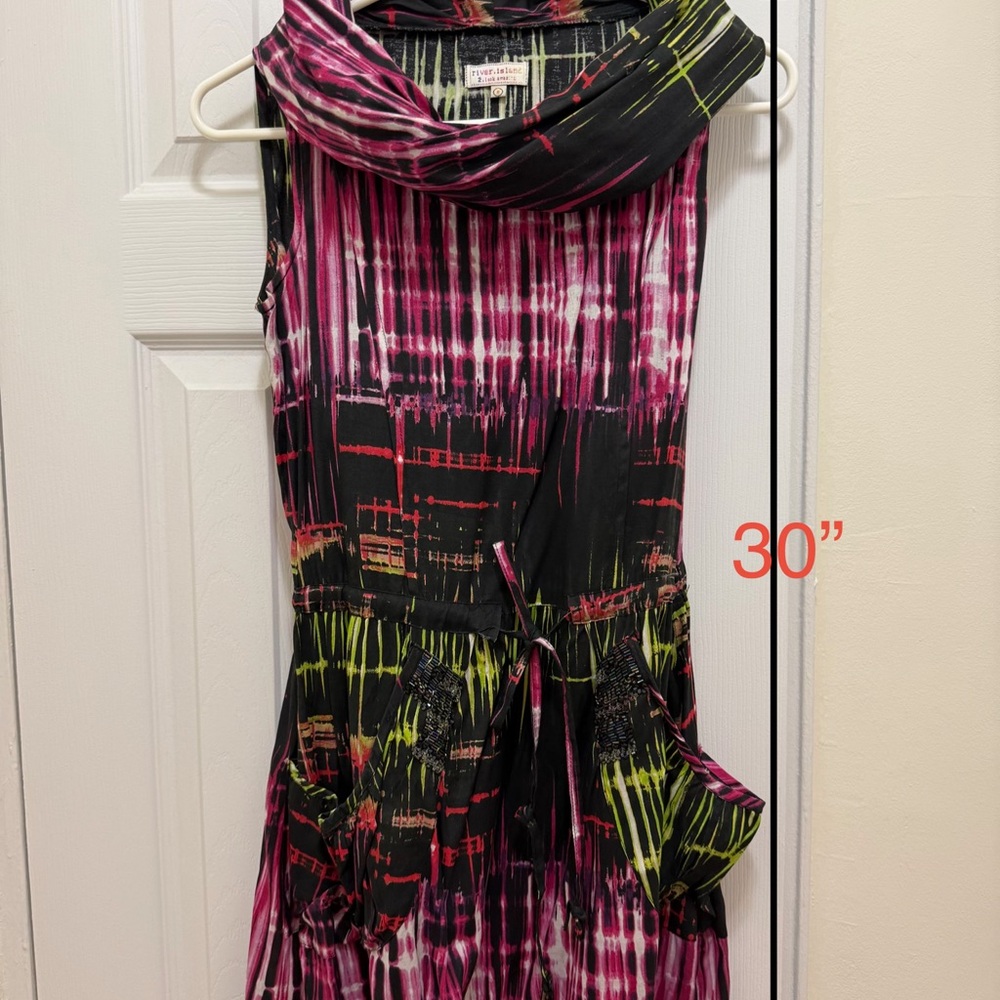 RIVER ISLAND UK8 Beaded Short Dress Black Neon Abstract Print Festival Cowl neck